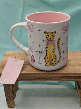 Ceramic Leopard Print Mug with Pink Interior and Bow Accents